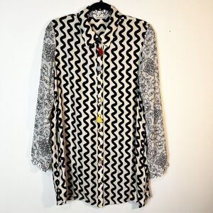 Soft Surroundings Button Up Shirt Top Ivory Black Mixed Print Artsy Sz M